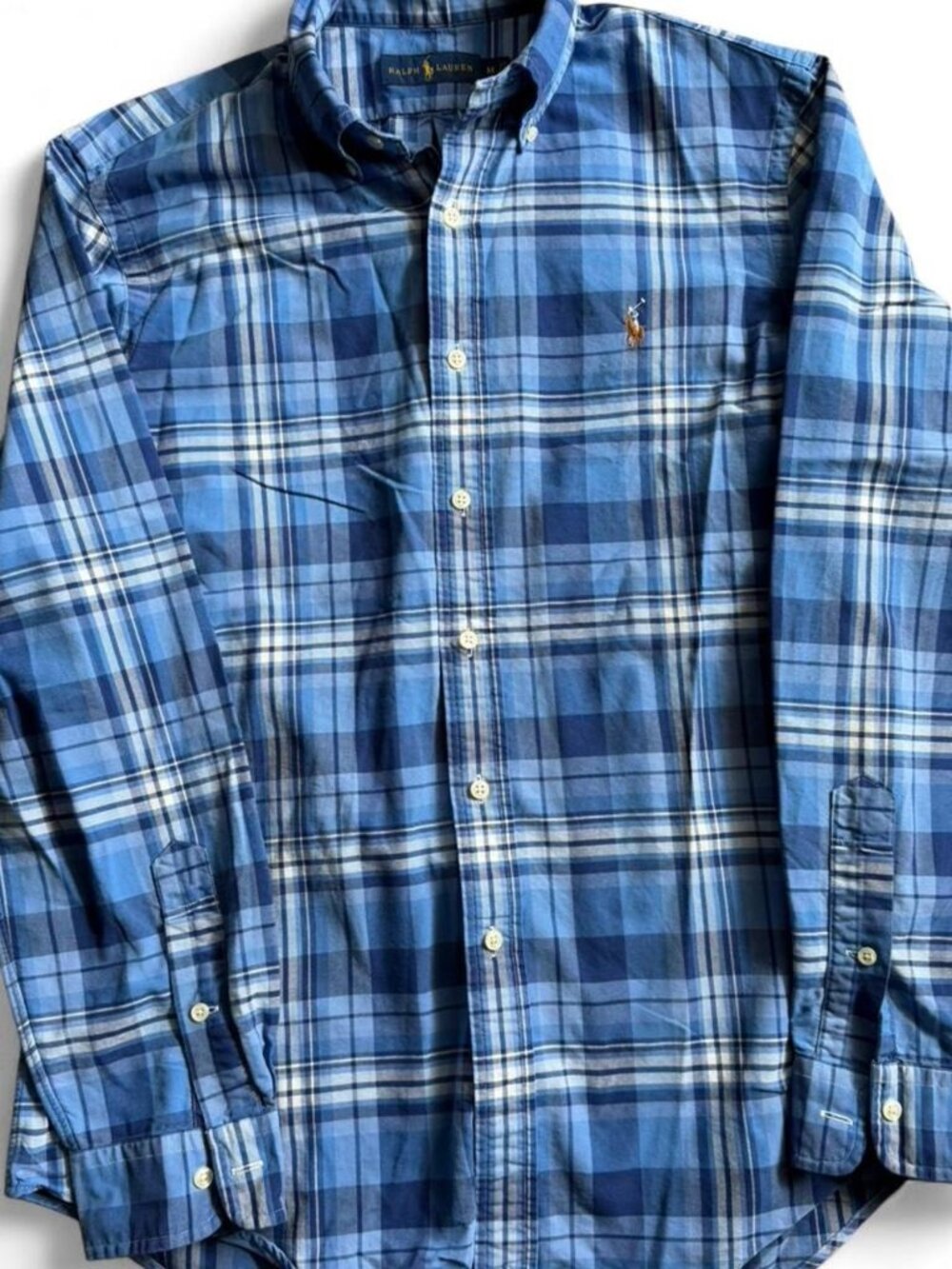 Polo Ralph Lauren Button Up Shirt Mens Medium Blue Plaid Long Sleeve Custom Fit